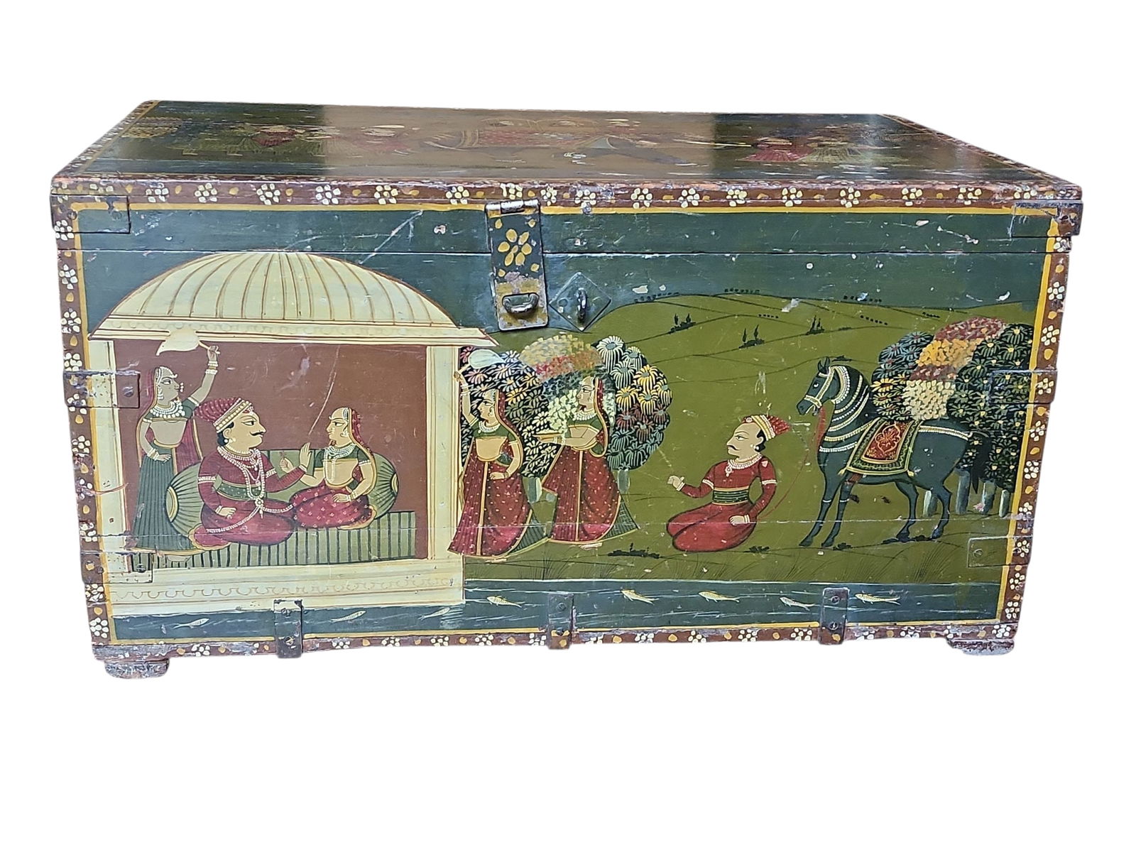 19th Century North Indian Rajasthan Painted Wedding Chest: Very rare mid 1800s North India, Rajasthan / Gujarat, handpainted wedding chest in excellent condition.Moghul motif depicting nuptial scenes throughout, colors still vibrant, reclaimed teak constructi