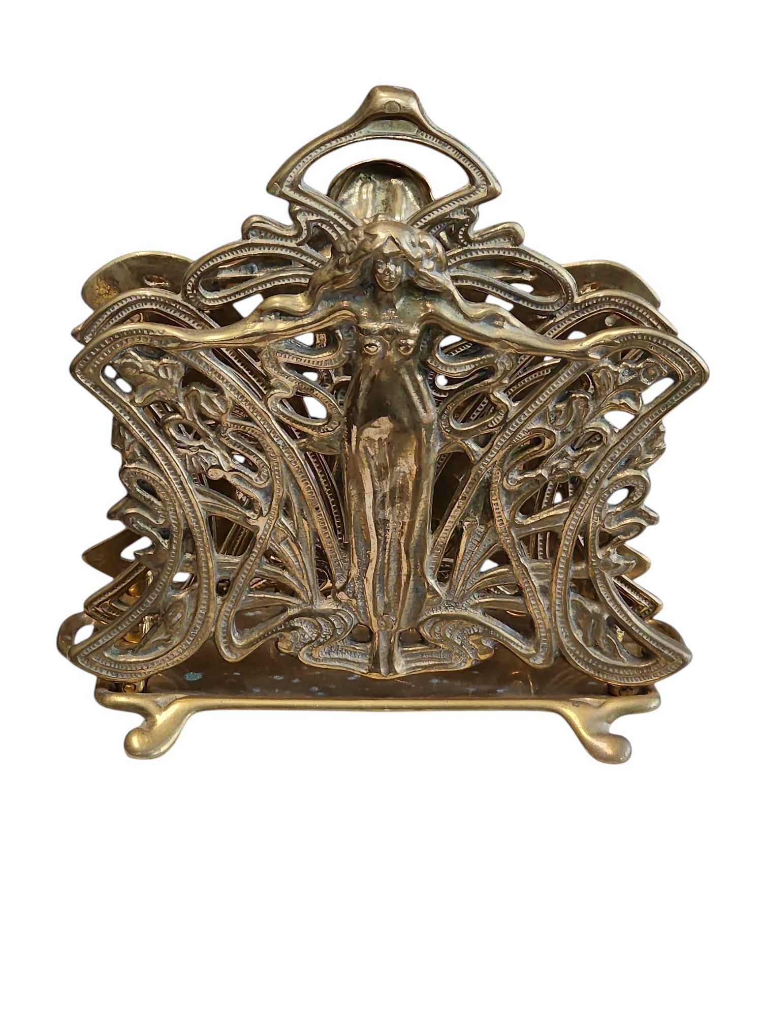 Art Nouveau English Brass Letter Caddy: Gorgeous English Art Nouveau brass letter caddy, in excellent condition, with minimal patina.Goddess figurine over filigree, footed base with center handle, lovely desktop accessory.Measures 6.5 x 4.5