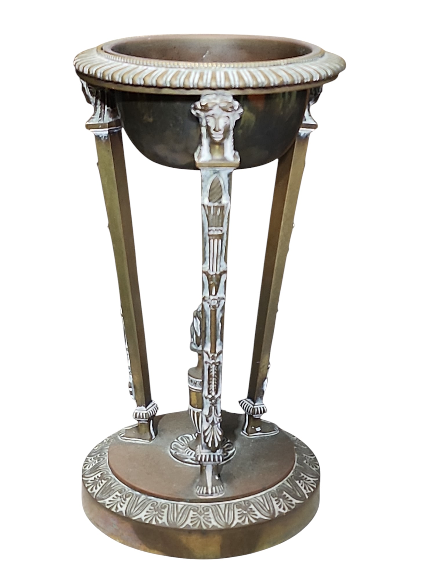 19th Century French Empire Brass Tabletop Torchiere - Grand Tour Athenienne: Magnificent rare 19th century French Empire period cast brass tabletop torchiere. Lovely patina, footed goddess columns, removable bowl, eternal flame center, embellished base.Beautiful room accent, m