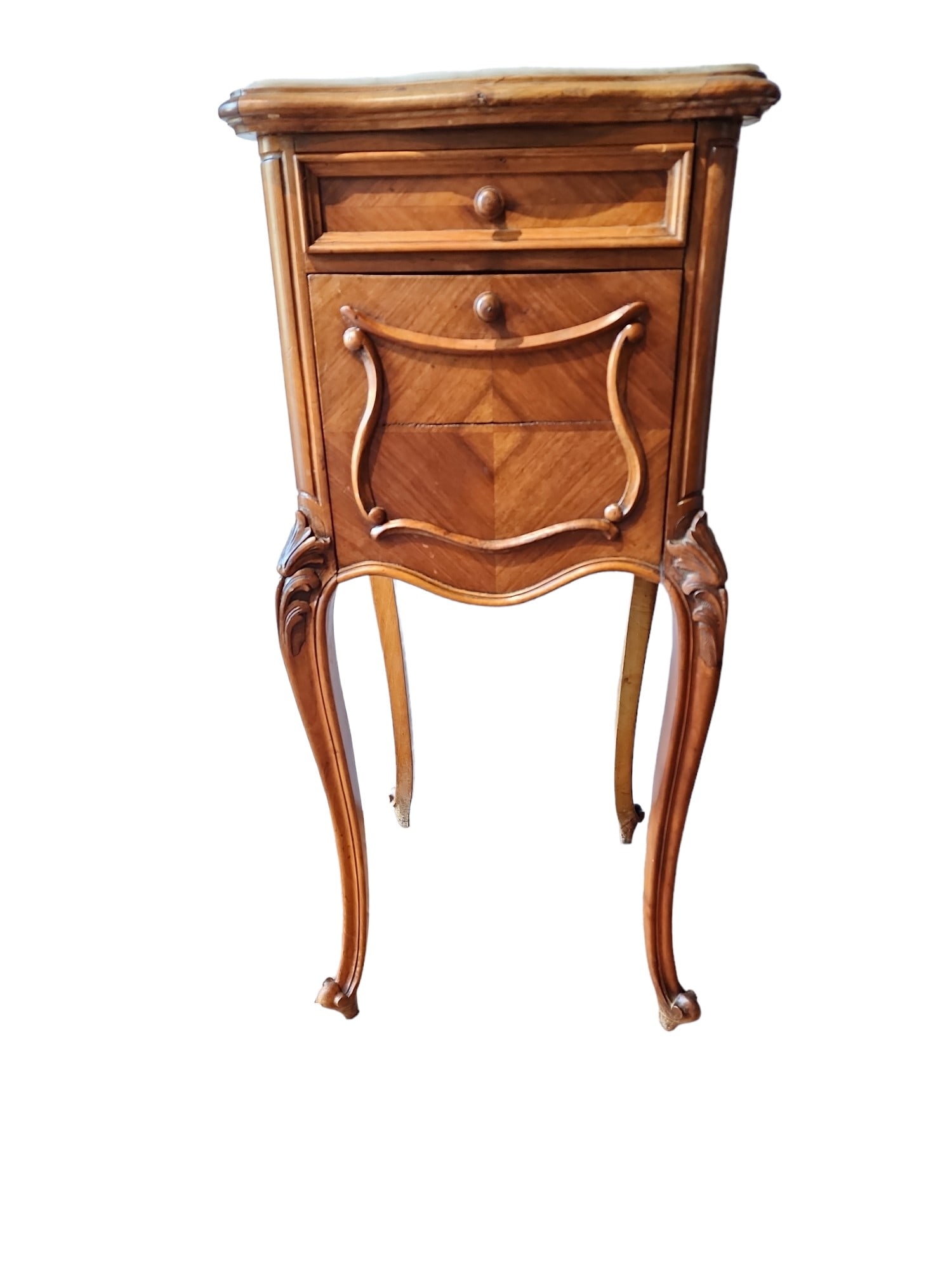 19th Century French Pot Cupboard: Late 1800's French walnut pot cupboard with marble top and marble inner chamber, drop down front door and drawer above. Sturdy heavy beautiful piece in excellent condition.Measures 16 x 16 x 35 inches