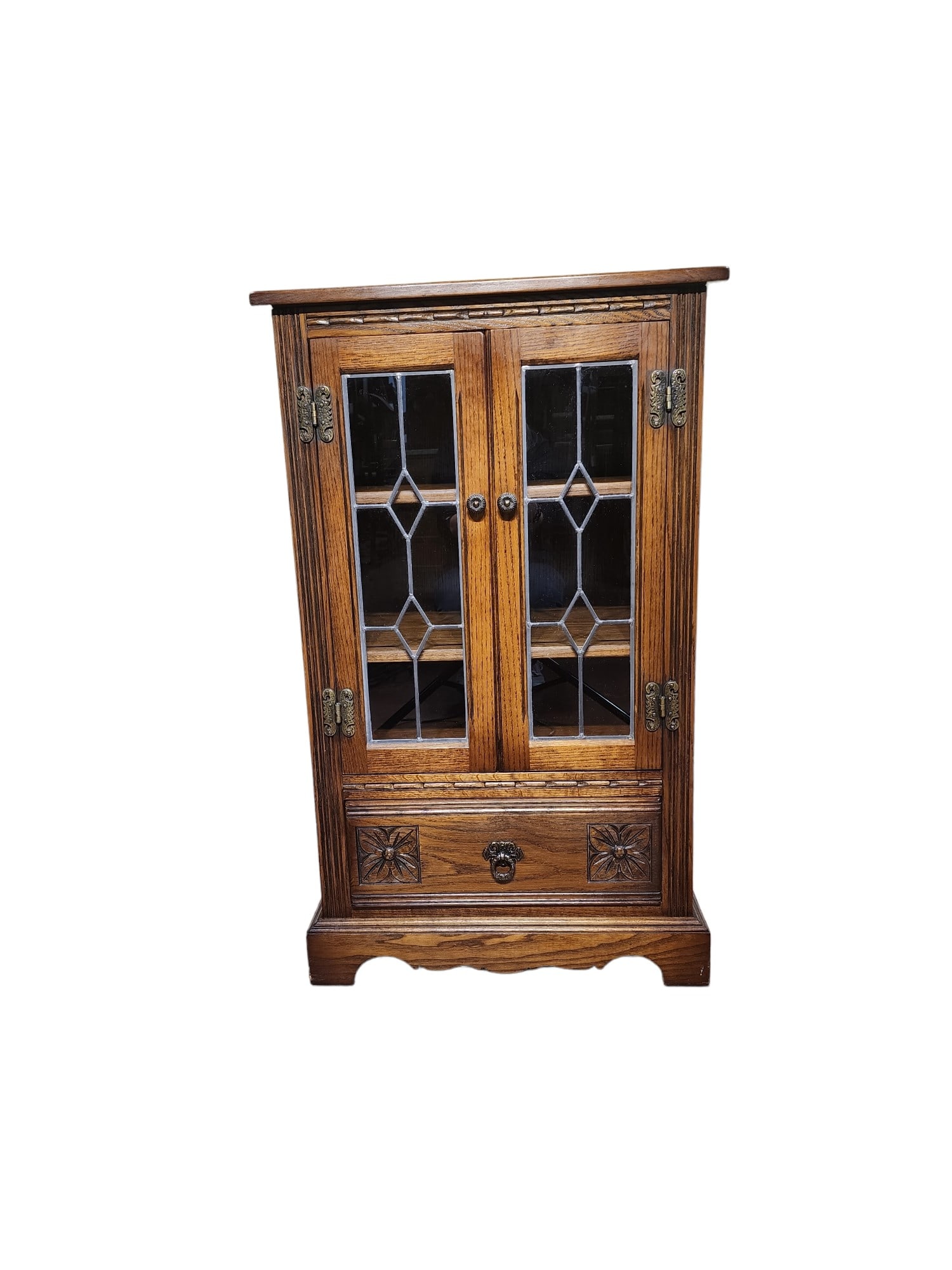 Mid 20th Century Old Charm Wood Brothers Solid Oak Entertainment Cabinet: Mid Century 2 door, leaded glass, solid oak Old Charm style, entertainment cabinet from Wood Brothers - high end, high quality, English furniture producer still trading in England.To replace and ship