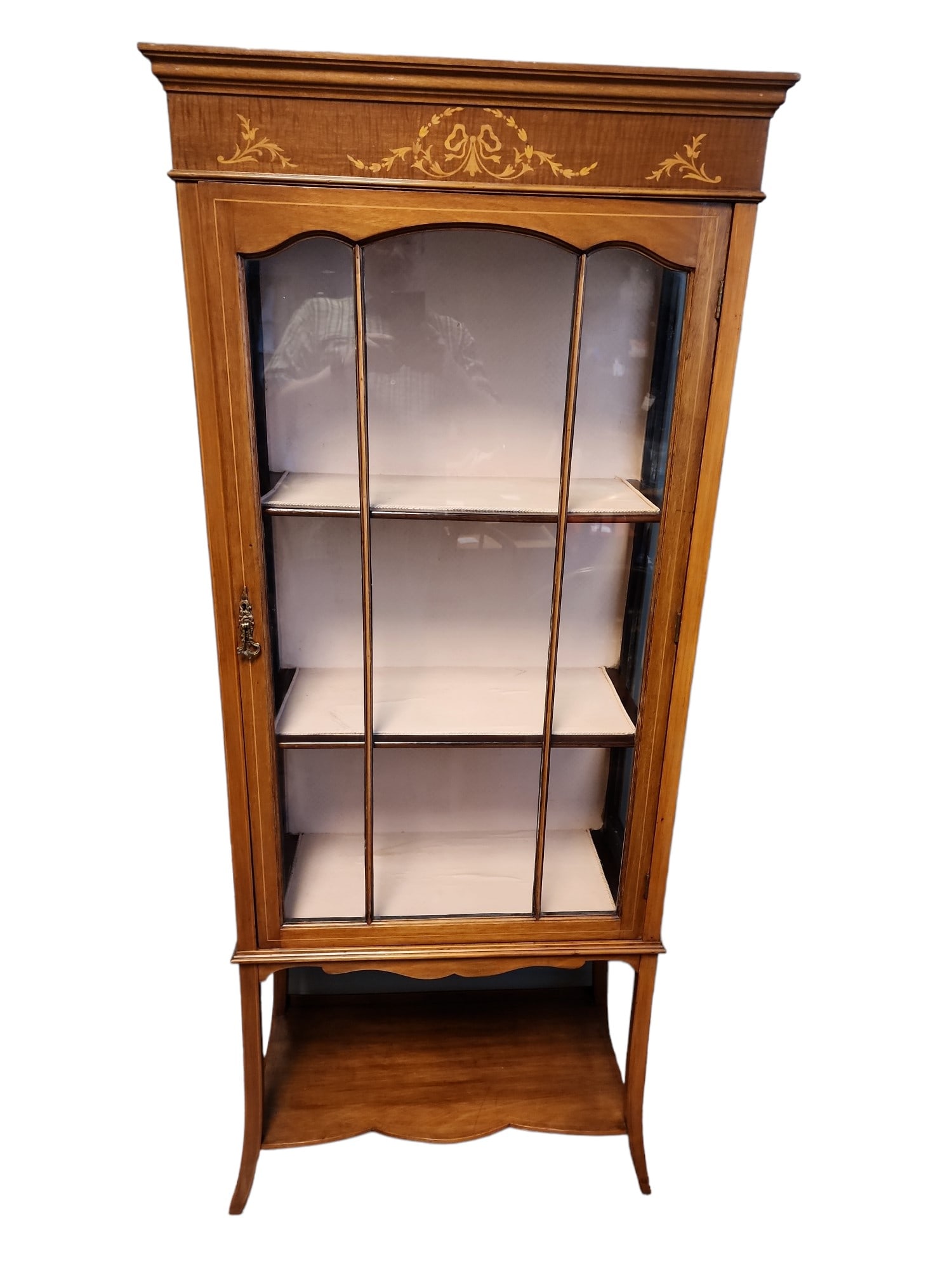 1930s Vintage Edwardian Slimline Display Cabinet: Large but still space saving beautiful Edwardian Slimline display cabinet with fabulous intricate inlay, shelf underneath, original glass throughout, and clean interior. Plenty of room for a nice coll