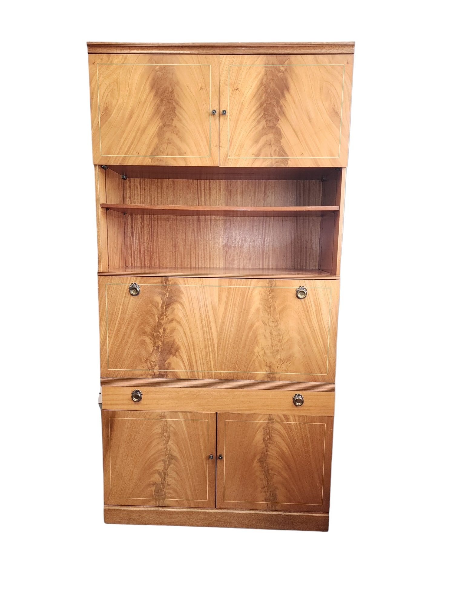 1960s Mid Century Modern Beithcraft Lounge Unit: Super and rare mid-century modern lounge unit by Beithcraft of Scotland, circa late 1960s, in excellent condition.Tall, double cabinet unit - top and bottom, with fixed shelf drop down bar at center,