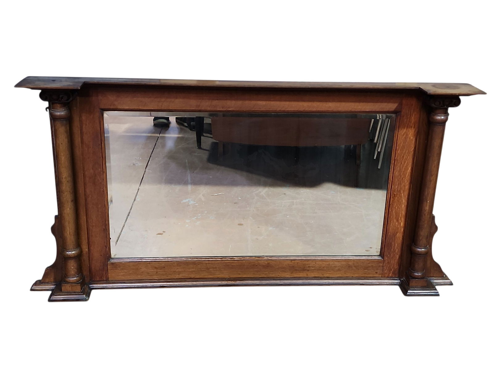 1855 English Oak Regency Style Overmantel Mirror: Superb oak overmantel mirror, signed 1855 and of period, in Regency style with original heavy beveled glass mirror, in excellent condition. Architectural salvage from England.Beautiful as is, could be