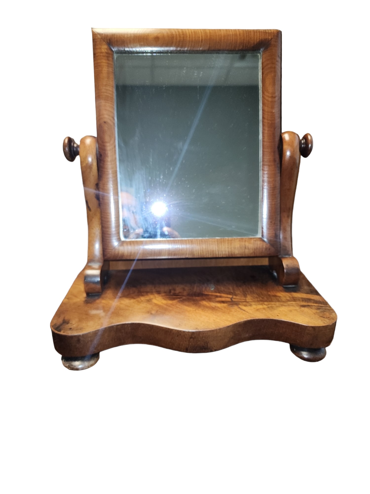 Mid 19th Century Early Victorian English Burl Walnut Dressing Table Mirror: Super early Victorian English Dressing Table Mirror of burl walnut, ball feet, original glass, in excellent condition. Date mark to rear of 1856.Measures 13.25 x 6.5 x 15 inches