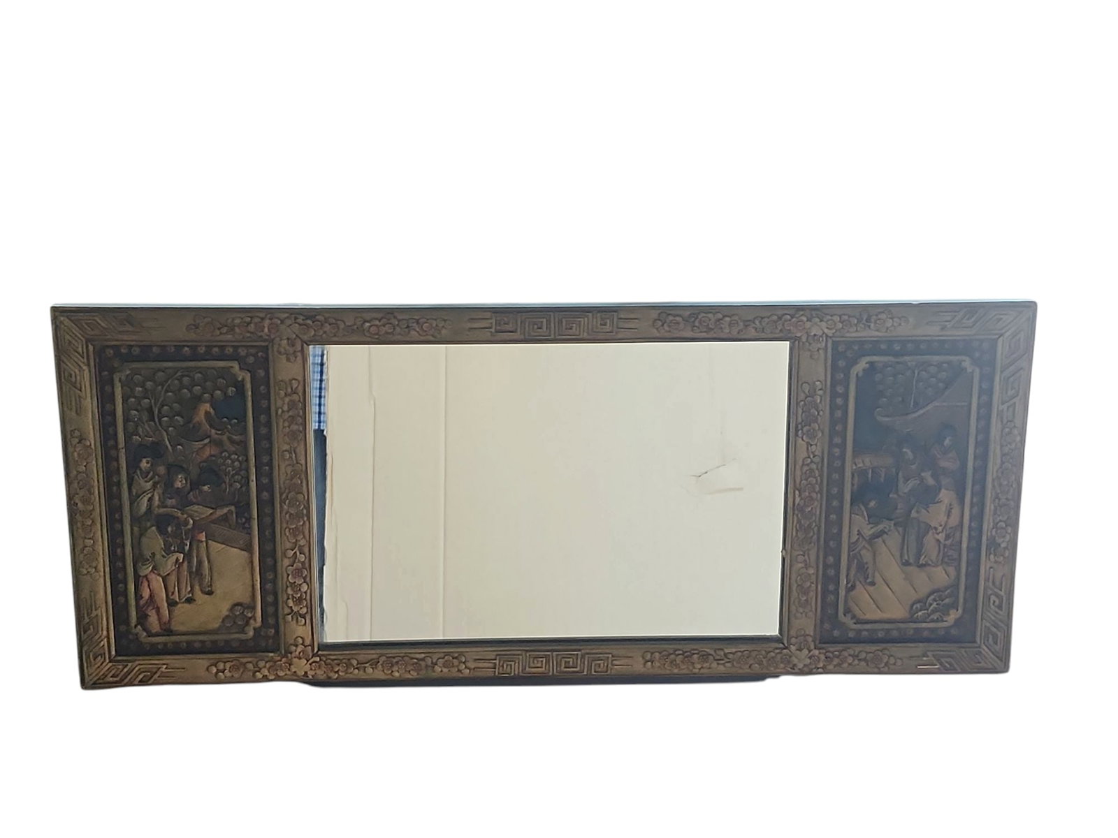 Antique Chinese Lacquered Wooden Mirror With Marquetry Inlay: Unique antique Chinese wooden frame mirror in excellent condition. Brass Chinese hangars, original glass, gold and bronze lacquered with ornate marquetry inlay and carved scenes.Super Asian influence
