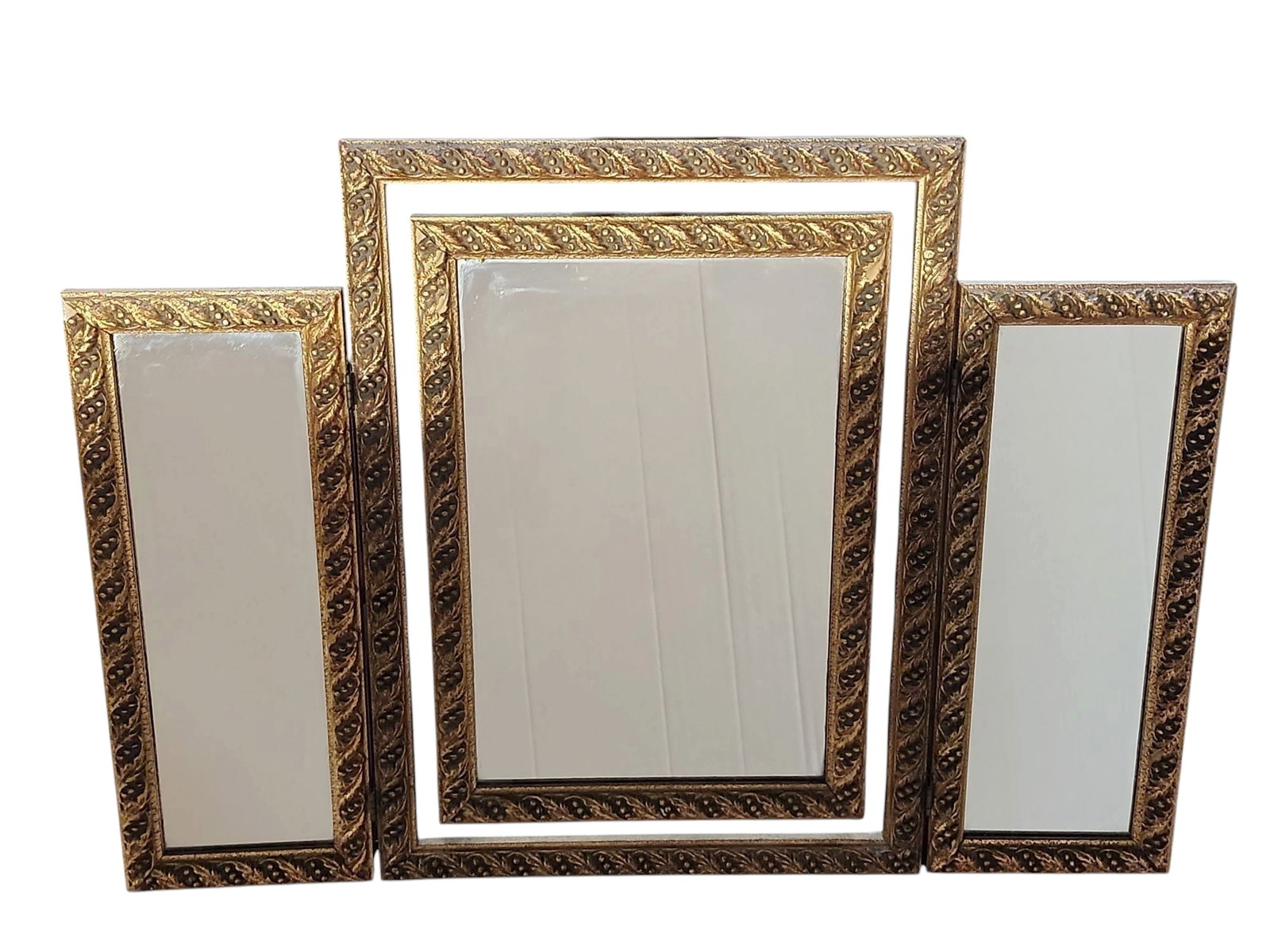 19th Century Gilt Tryptch Mirror: Stunning 19th century gilt wood tryptch frame in excellent condition. Large center frame with tilt inner frame, flanked by two folding panels, ornate trimming - may have previously held mirrors or art