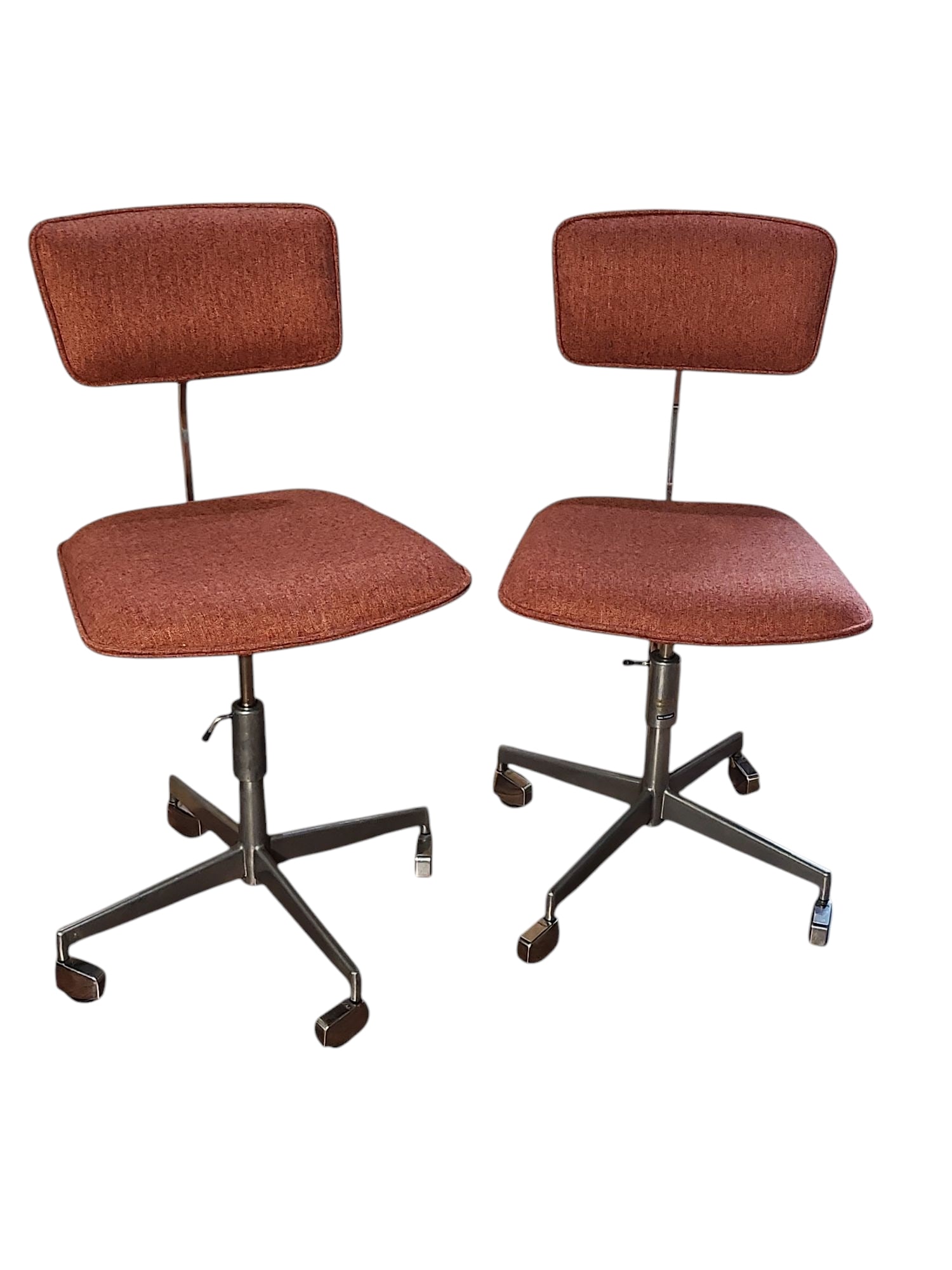 1950s Danish Labofa Kevi Swivel Chair by Jorgen Rasmussen - A Pair: Fantastic pair of mid-century Danish Labofa swivel chairs, Kevi model, designed by Jorgen Rasmussen, circa 1950s, both in excellent condition.All original, rare burnt orange color, adjustable seat hei