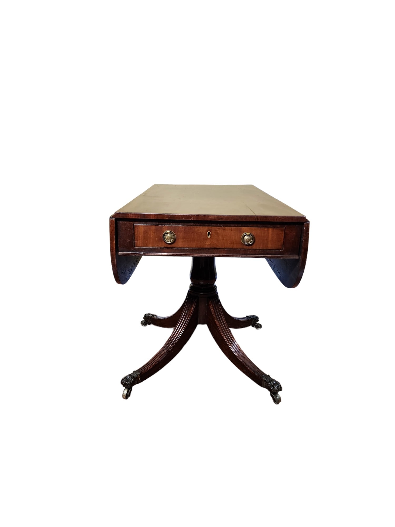 Late 19th Century Victorian Mahogany Pedestal Pembroke Table: Beautifully finished Victorian mahogany Pembroke table on pedestal base, with twin pull drawer. Solid construction, fully open to large 41" rectangular tea table.Measures 36 x 21 x 28 inches closed.