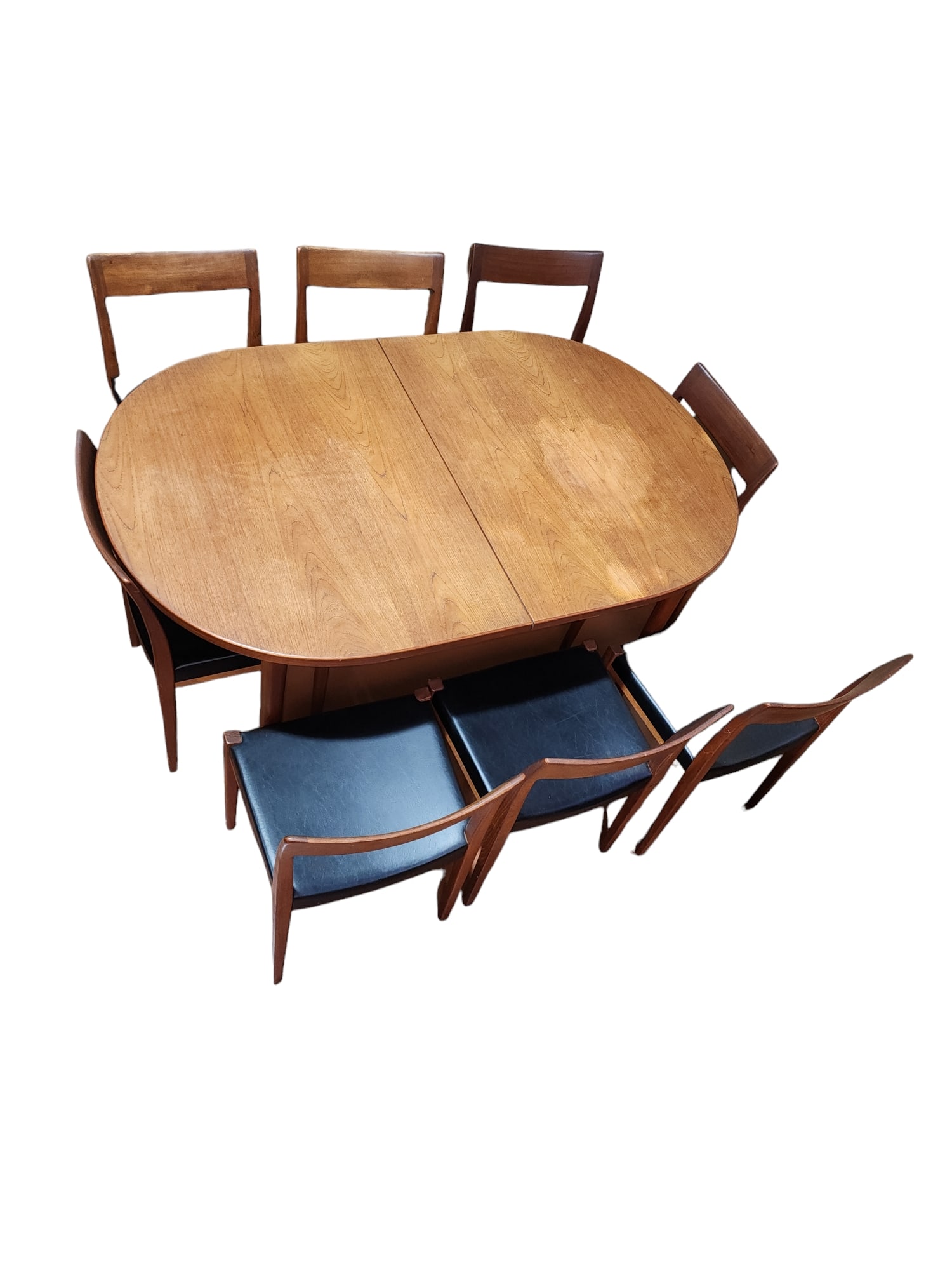 1960s Mid Century Modern Troeds Bjarnum Dining Table and Chairs - Set of 11: Rare full set Swedish Troeds Bjarnum teak extending dining table with two leaves, Nils Jonsson design, accompanied by eight Troeds dining chairs - two Bjarnum and six Kontiki models, those designed by