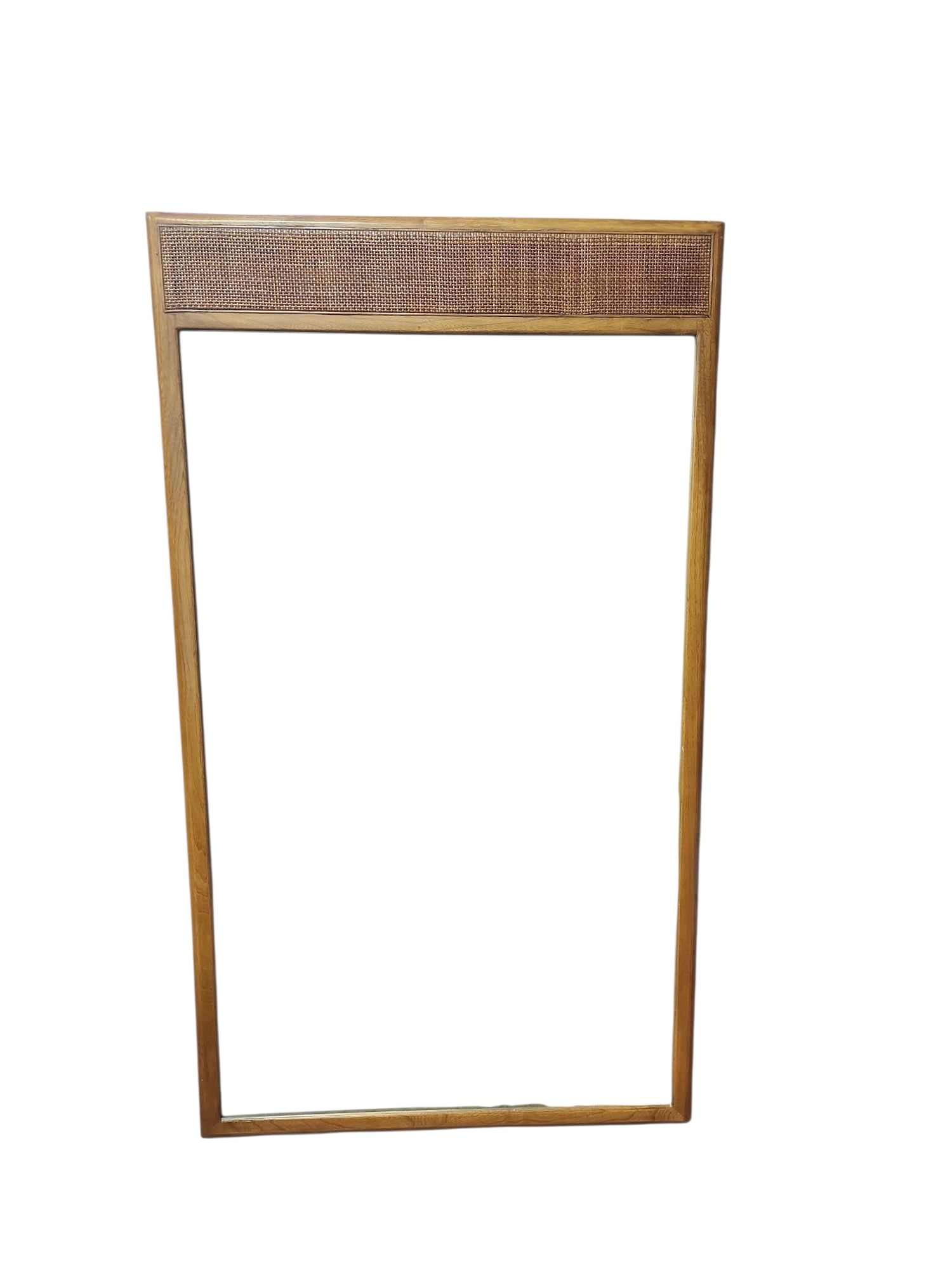 Mid Century Modern Merton Gershun for American of Martinsville Trumeau Mirror: Stunning rare Merton Gershun designed for American of Martinsville walnut and cane trumeau mirror in excellent condition.Bearing model number 604-3 DR-Mirror to reverse, matching piece to several othe
