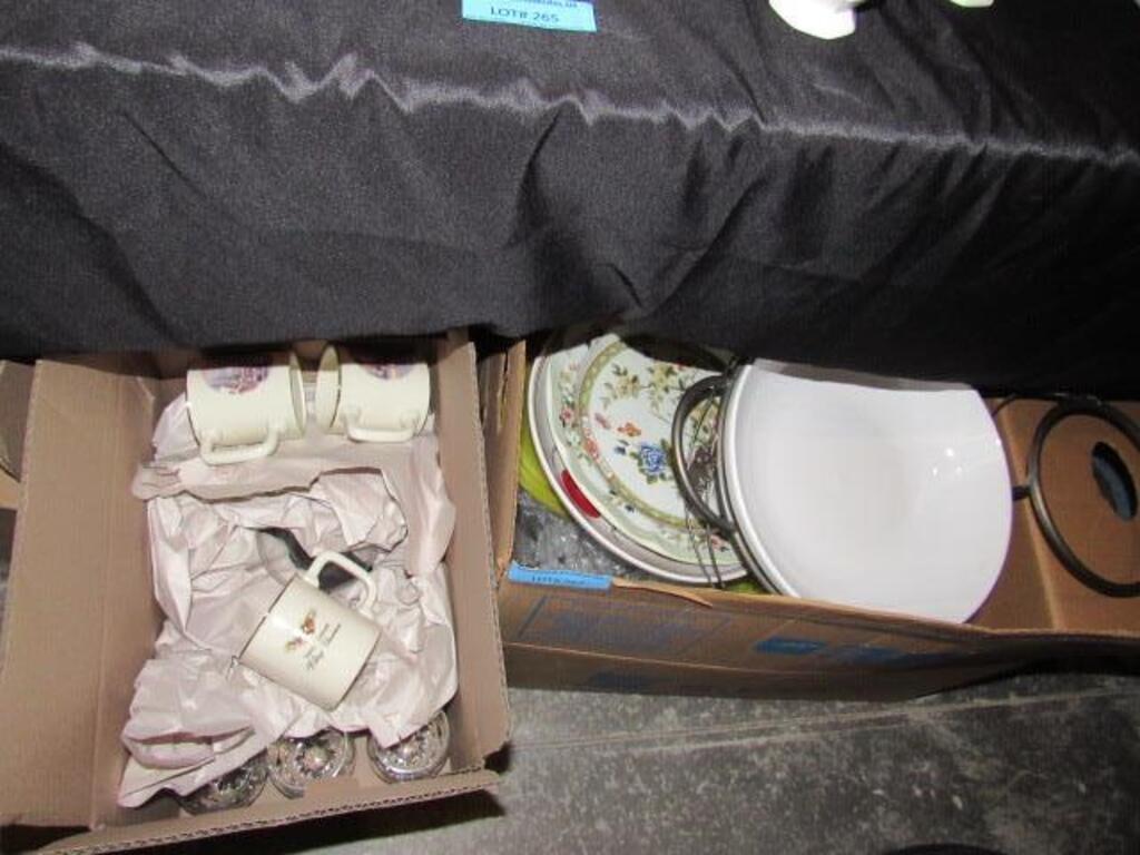 2 Boxes Ass't. Ceramic Serveware, Glassware, Etc.: 2 Boxes Ass't. Ceramic Serveware, Glassware Incl. Thomas Kincade "Village Christmas" Mugs, Glass Mugs, Mikasa Platter, Etc.