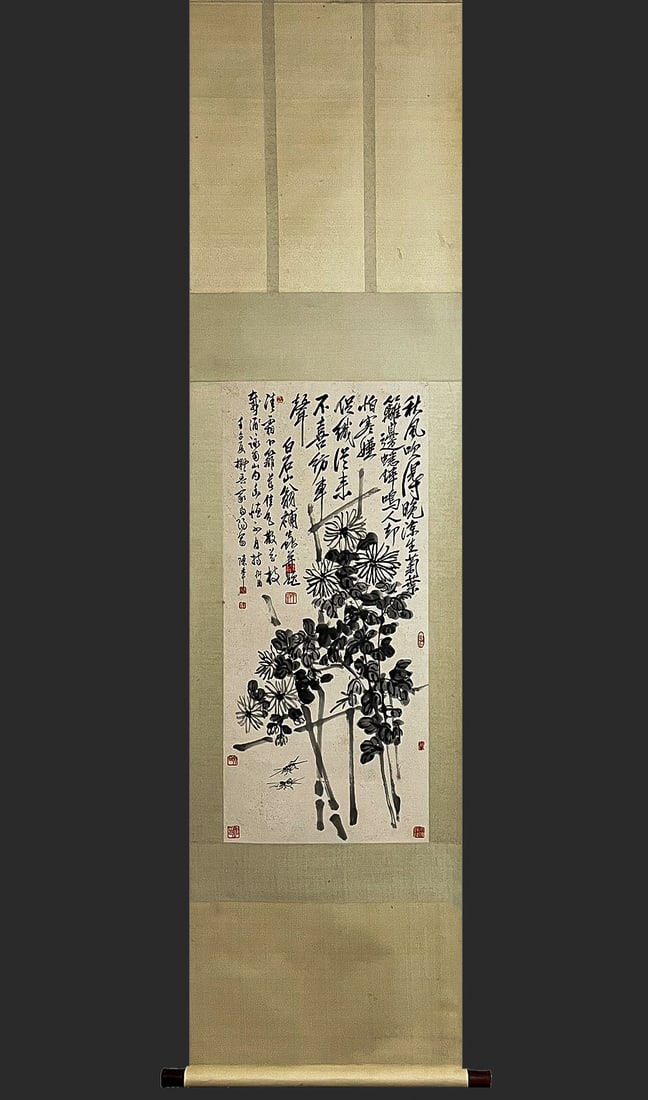 Chen Banding's inscription and postscript on Qi Baishi's floral scroll: L:96cm W:44cm
