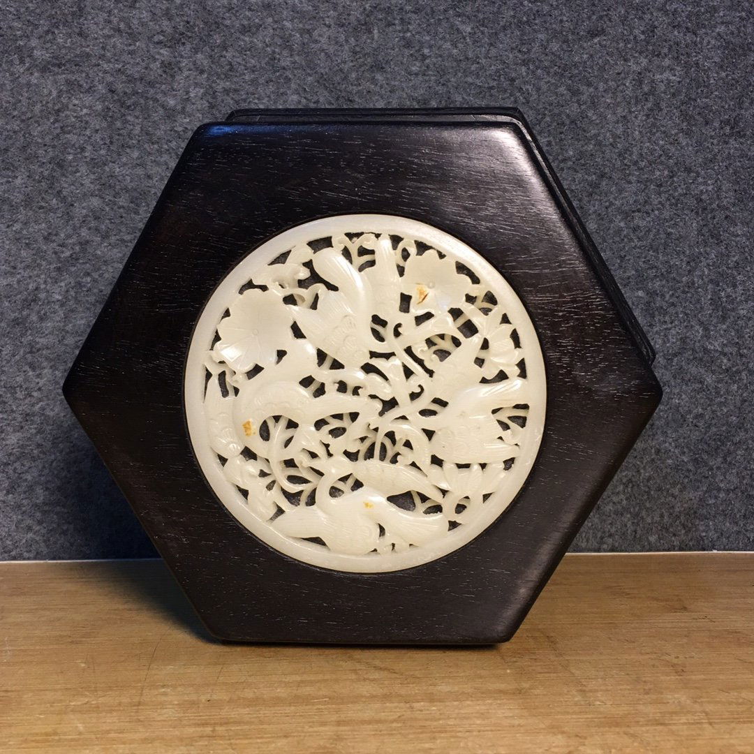 Zitan Wood Inlaid Jade Hexagonal Box (1 of 9)