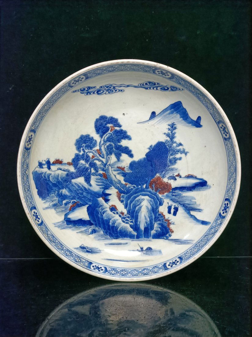 Qing Dynasty blue and white glazed red landscape plate (1 of 6)