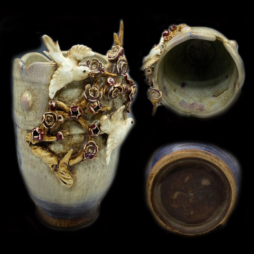 Song Jun Porcelain Kiln Changed Glaze Pen Holder "Magpies Raising Plums" (1 of 7)