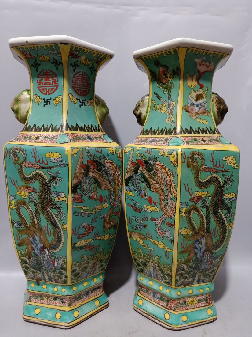 A pair of hexagonal vases with green background and pastel dragon and phoenix with auspicious patter (1 of 6)