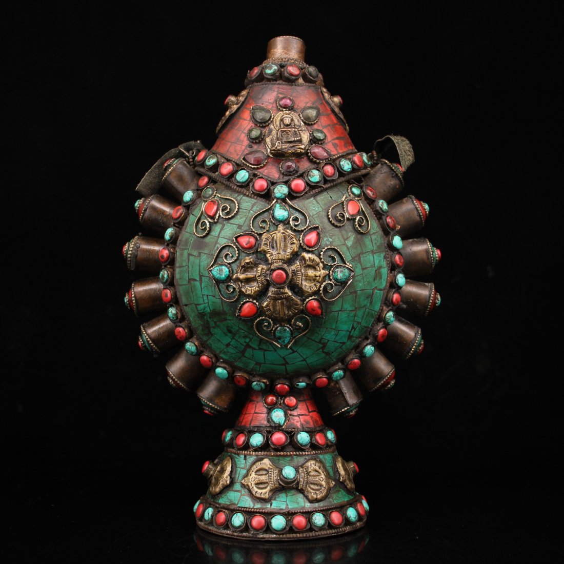 Pure copper handmade snuff bottle inlaid with gems (1 of 10)