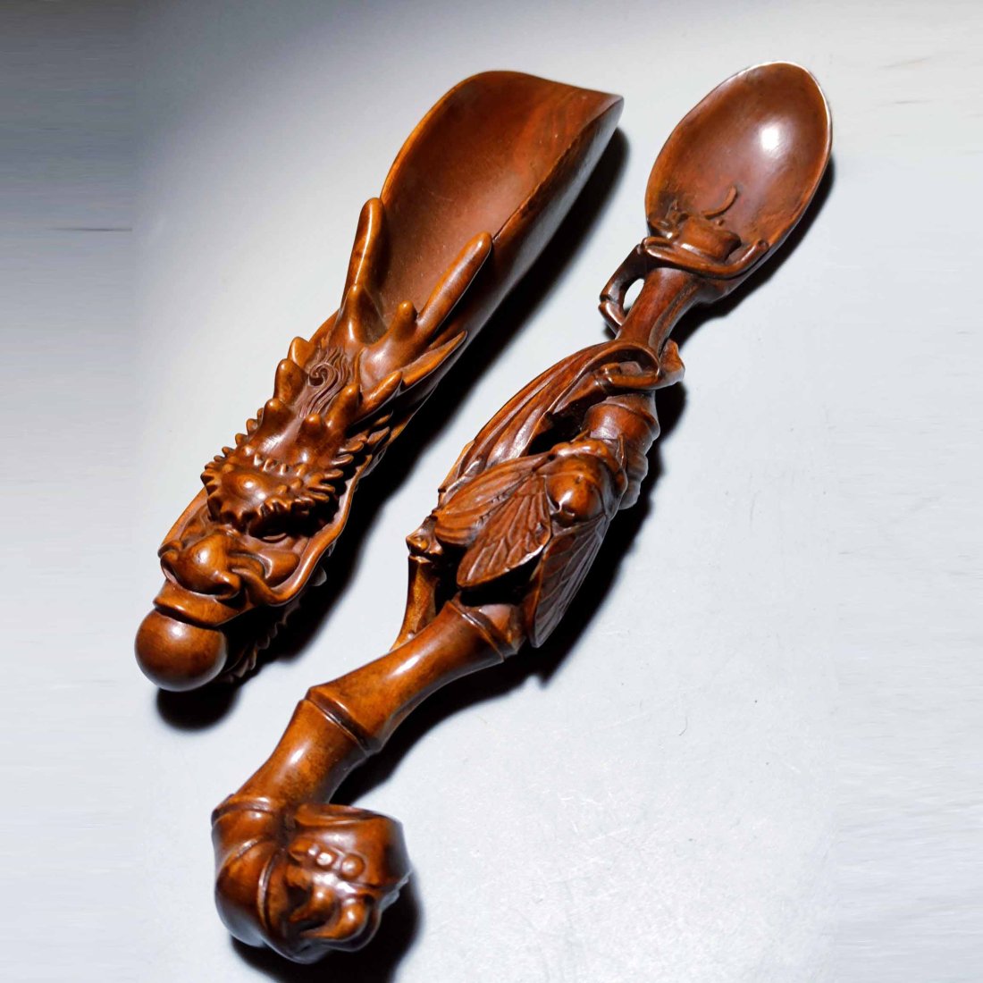 Tea set for tea ceremony in tea room. Boxwood tea shovel and tea spoon pair (1 of 9)