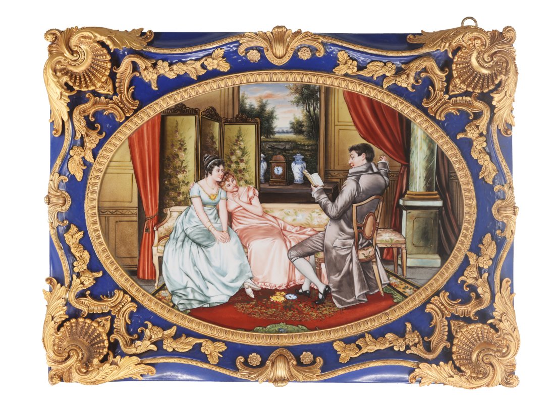 The Courtship Porcelain Painting In Bronze Frame: Up for auction is a stunning painting on porcelain. The painting depicts quintessential Rococo style imagery featuring a society scene. In keeping with the Rococo style, the courtship is set with hint