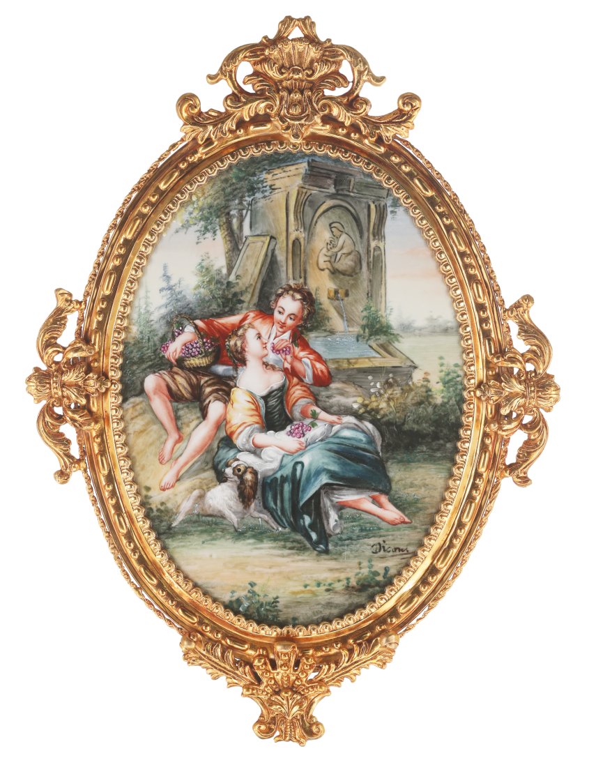 Outdoor Romance Porcelain Painting In Bronze Frame: Up for auction is a stunning painting on porcelain. The painting depicts quintessential Rococo style imagery featuring a society scene. In keeping with the Rococo style, the courtship is set with hint