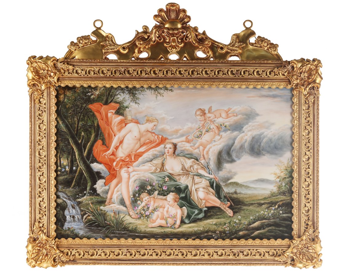 Mythological Porcelain Painting In Bronze Frame: Up for auction is a stunning painting on porcelain. The painting depicts a mythological scene in true Rococo fashion. In keeping with the Rococo style, the painting features gods and cherubs set again