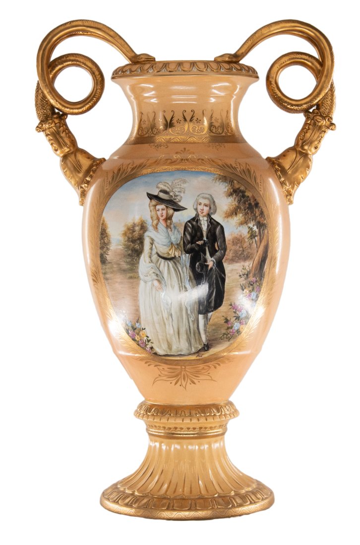 Snake Handle Porcelain Jar: Up for auction is an exceptional porcelain vase. The vaseâ€™s body sits on top of a flared stem, and a circular base. This piece is highlighted by the incredibly detailed snake handles. The peach
