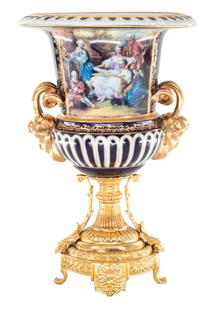Hand Painted Rococo Style Krater Pot in Porcelain: Up for auction is an exceptional porcelain krater shaped pot. The potâ€™s body sits on top of an ornate bronze base. This piece is highlighted by the incredibly detailed handles depicting Pan. Th