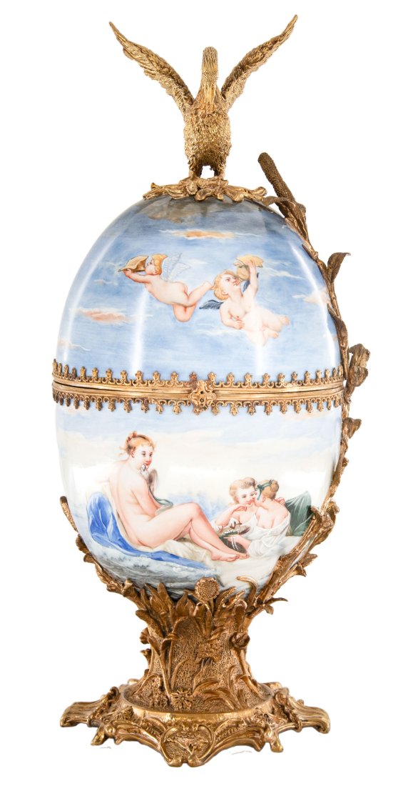 Hand Painted Porcelain and Bronze Cherub Egg Jar: Up for auction is a stunning porcelain jar. The jarâ€™s body sits on top of a highly detailed bronze base and is made even more special by the swan on the lid. The pastel blue color of the jar is