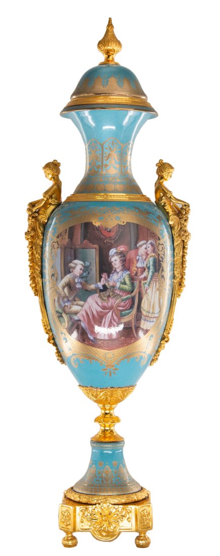 Gorgeous Hand Painted Porcelain and Bronze Vase: Up for auction is an exceptional porcelain vase. The vaseâ€™s body sits on top of a flared stem, and a bronze square base. This piece is highlighted by the incredibly detailed bronze handles exem
