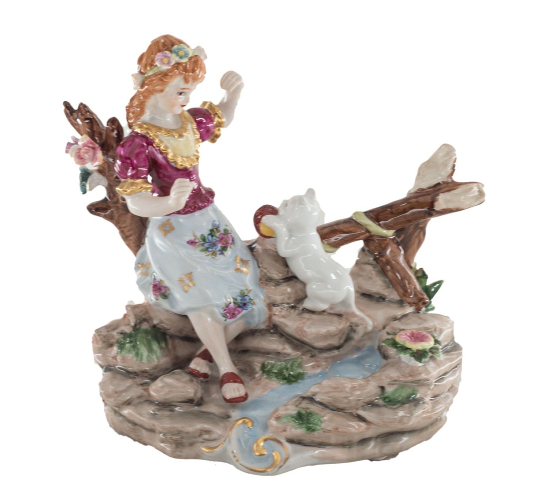 Girl With Cat Porcelain Figurine: Up for auction is a hand painted porcelain figure depicting a girl with her cat. Created in a classic Rococo style, this figurine is brand new and stands 10 inches in height by 8 inches in width.