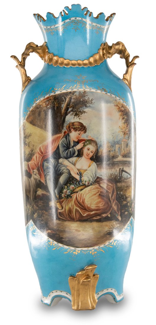 Rococo Style Hand Painted Porcelain Vase: Up for auction is an exceptional porcelain vase. The teal color of the vase is striking and sophisticated, creating a vivid backdrop for the pieceâ€™s hand painted motif. Depicting two classical 