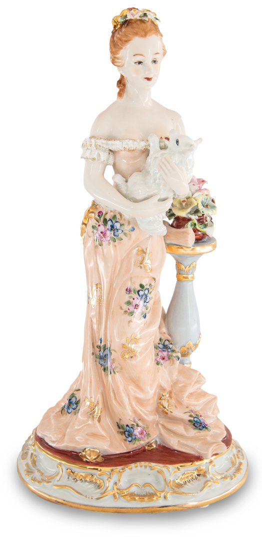Lady With Dog Porcelain Figurine: Up for auction is a hand painted porcelain figure depicting a woman and her dog. Created in a classic Rococo style, this figurine is brand new and stands 15 inches in height by 8 inches in width.