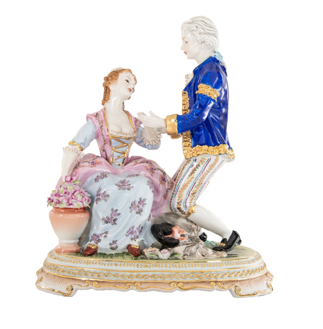 The Proposal Porcelain Figurine: Up for auction is a hand painted porcelain figure depicting a marriage proposal. Created in a classic Rococo style, this figurine is brand new and stands 11.5 inches in height by 10 inches in width.