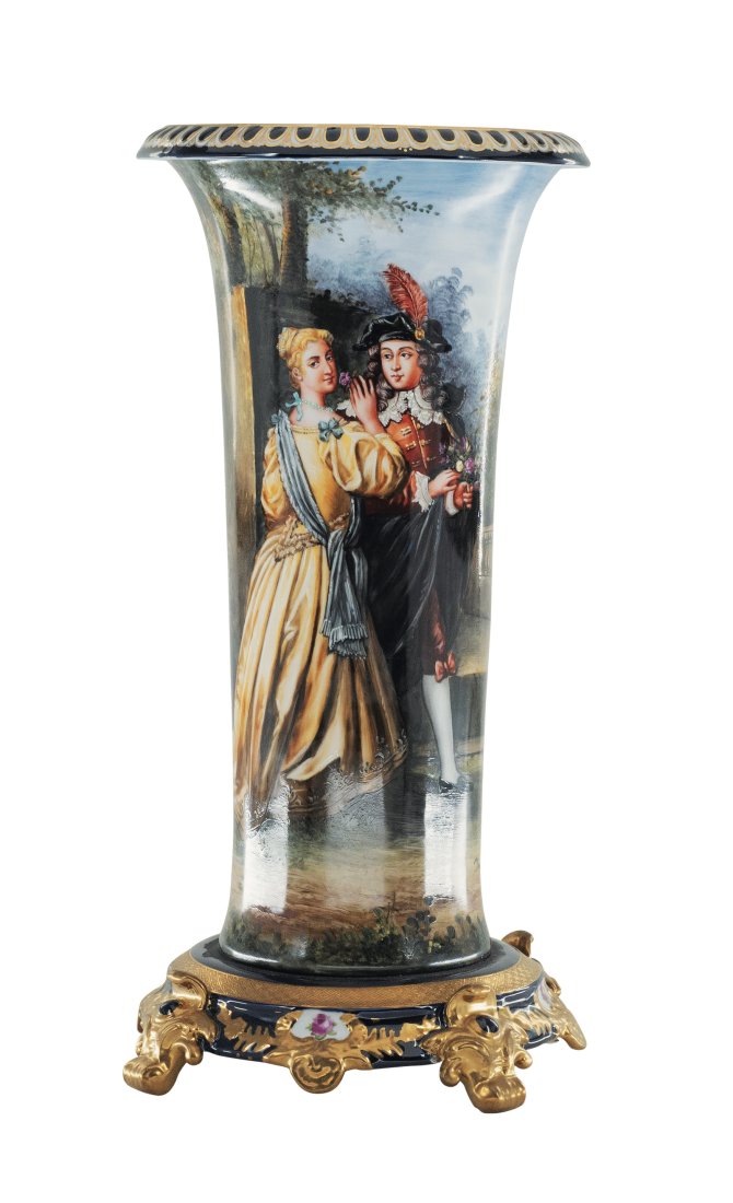 Rococo Style Hand Painted Flower Vase: Up for auction is a hand painted flower vase depicting a classic Rococo scene. The vase is entirely hand painted and shows a couple in period clothing amidst nature. It has never been used and measure