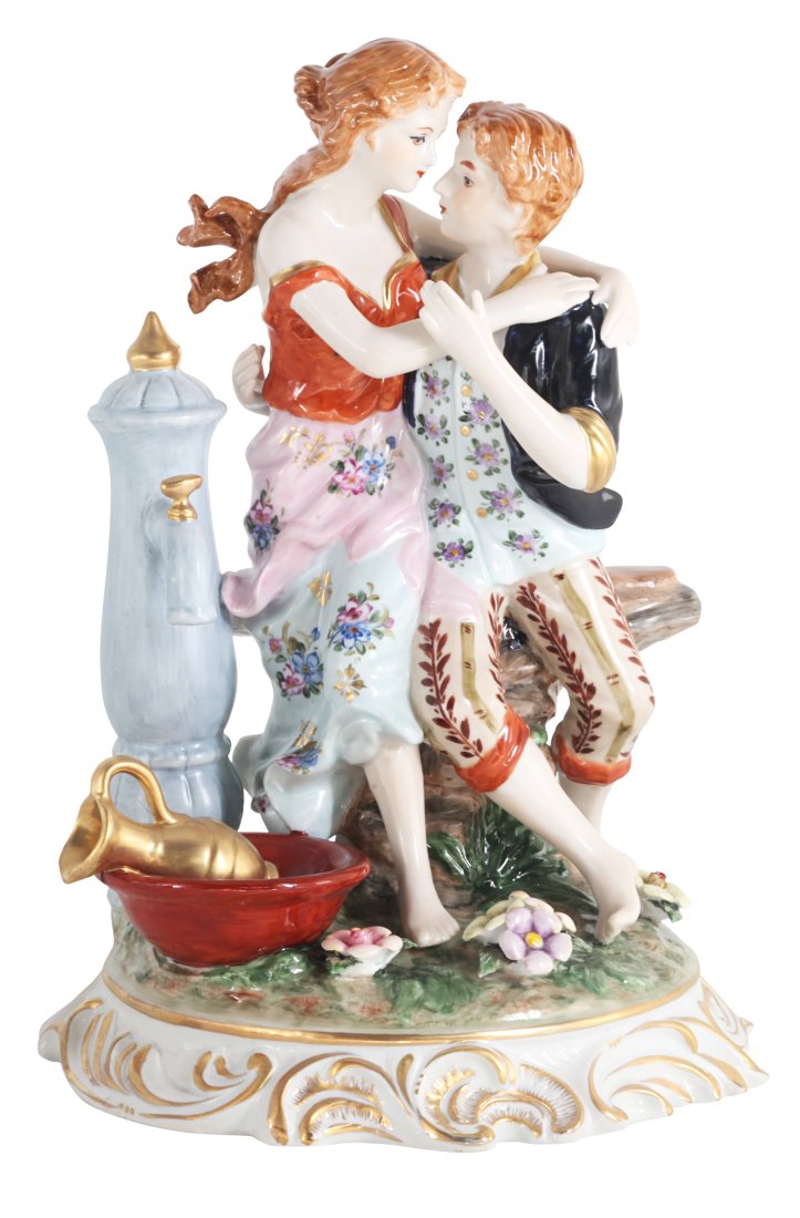 Affectionate Lovers Porcelain Figurine: Up for auction is a hand painted porcelain figure depicting a pair of lovers. Created in a classic Rococo style, this figurine is brand new and stands 12 inches in height.