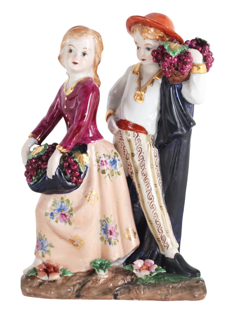 Grape Pickers Porcelain Figurine: Up for auction is a hand painted porcelain figure depicting a man and woman picking grapes. Created in a classic Rococo style, this figurine is brand new and stands 9.5 inches in height.