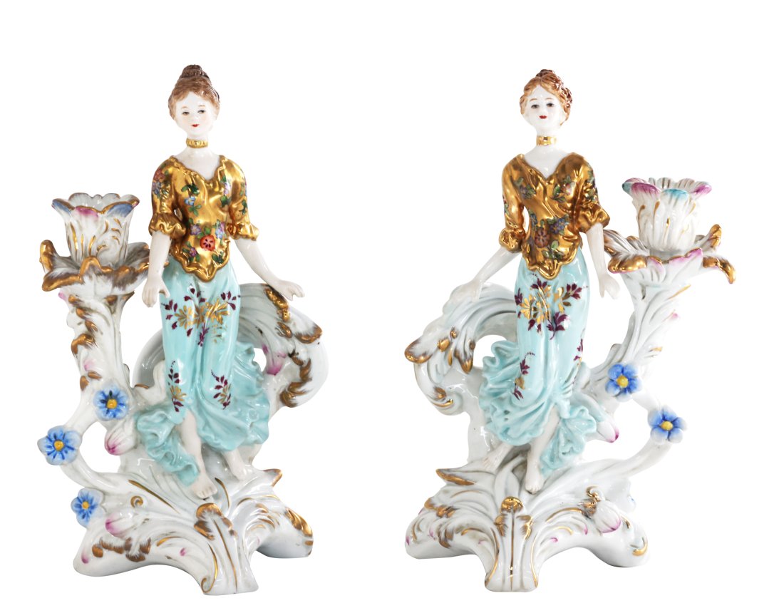 Pair Of Hand Painted Porcelain Candle Holders: Up for auction is a pair of hand painted porcelain candle holders. Created in a classic Rococo style, each candle holder is brand new and stands 10 inches in height by 6 inches in width.