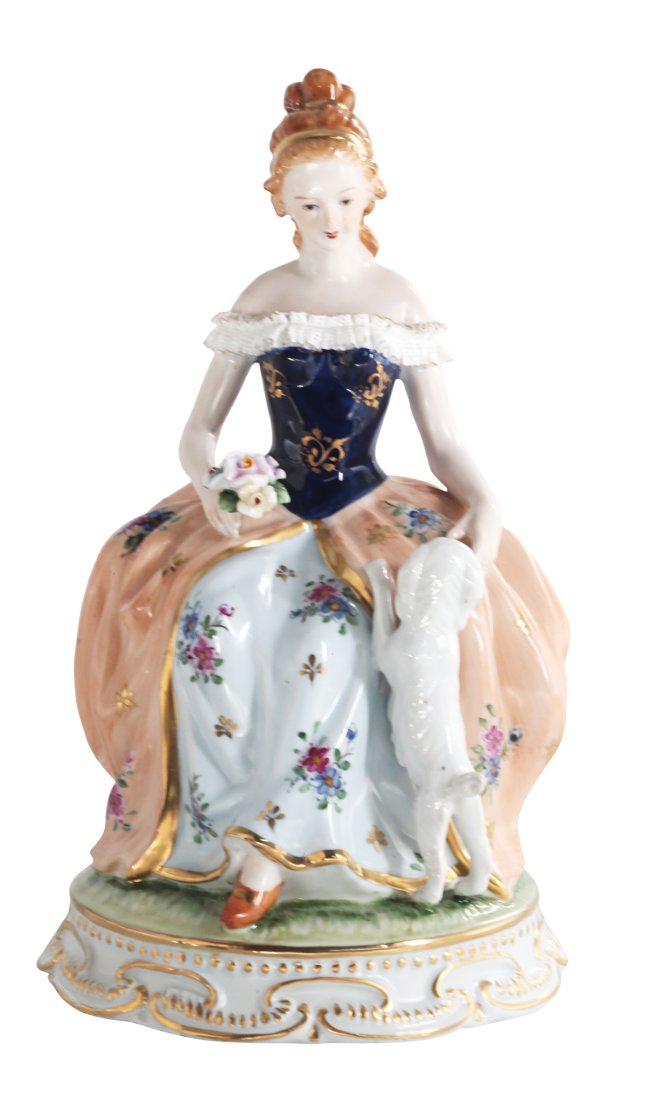 Lady With Dog Porcelain Figurine: Up for auction is a hand painted porcelain figure depicting a woman with a dog. Created in a classic Rococo style, this figurine is brand new and stands 12 inches in height.