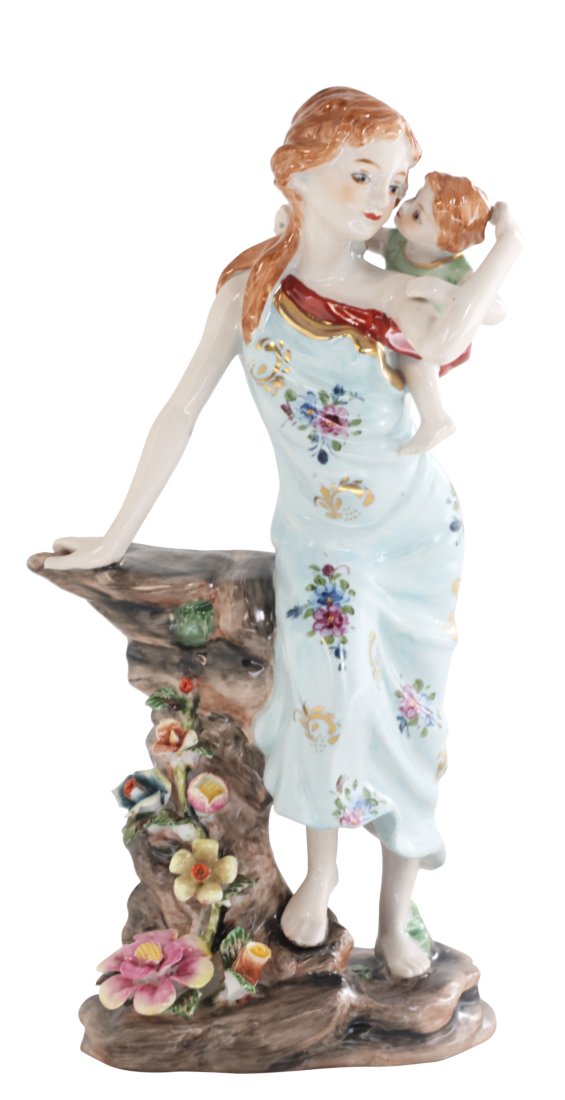 Mother and Baby Porcelain Figurine: Up for auction is a hand painted porcelain figure depicting a mother and child. Created in a classic Rococo style, this figurine is brand new and stands 12 inches in height.