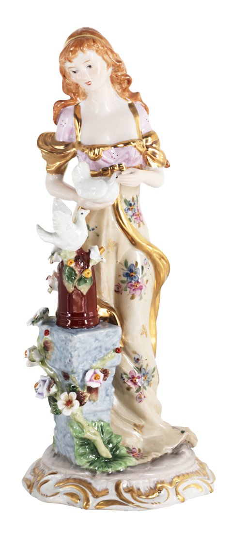 Woman Feeding Doves Porcelain Figurine: Up for auction is a hand painted porcelain figure depicting a woman feeding doves. Created in a classic Rococo style, this figurine is brand new and stands 12 inches in height.