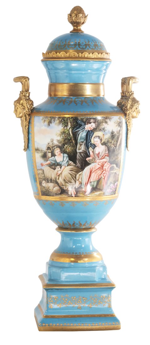 Hand Painted Romantic Porcelain And Bronze Vase: Up for auction is an exceptional porcelain vase. The vaseâ€™s body sits on top of a flared stem, and a square base. This piece is highlighted by the incredibly detailed bronze handles exemplifyin
