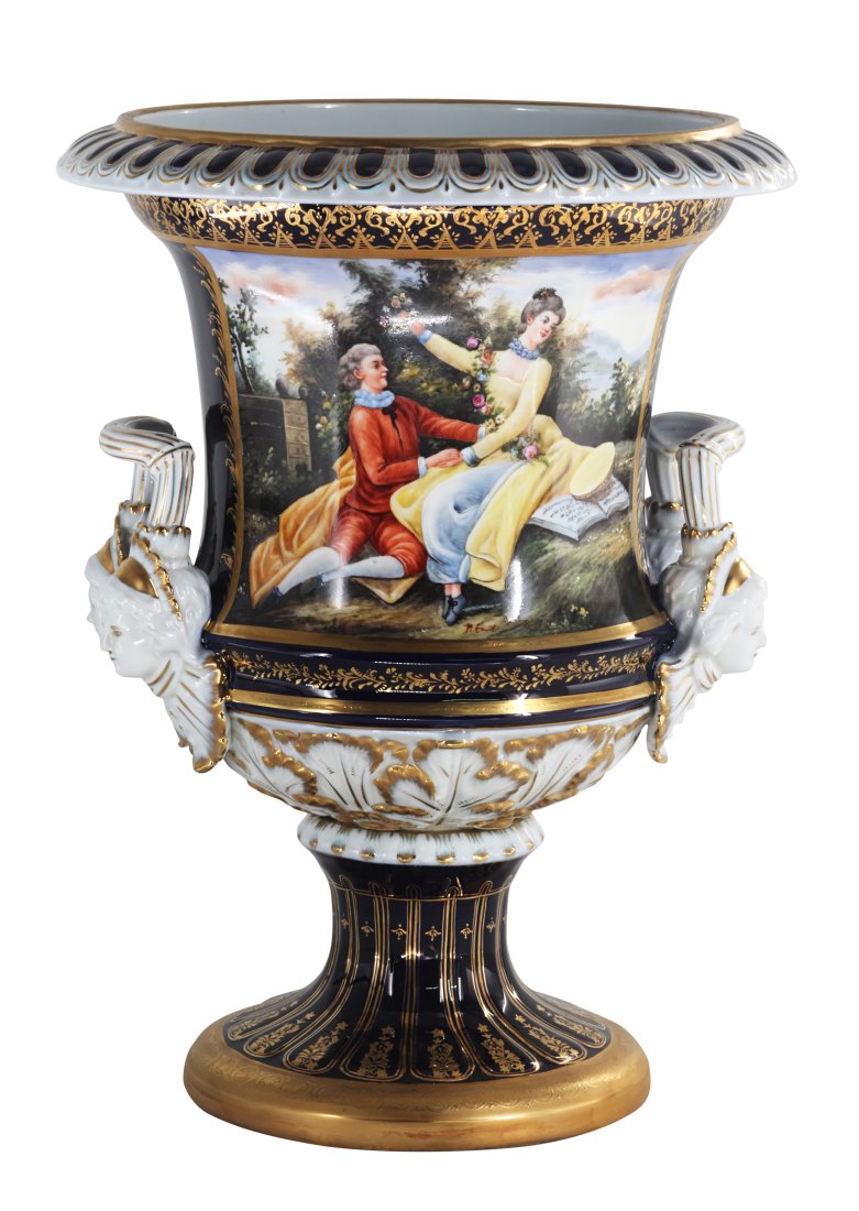Classical Hand Painted Porcelain Krater Pot: Up for auction is an exceptional porcelain krater shaped pot. The potâ€™s body sits on top of an ornate circular base. This piece is highlighted by the incredibly detailed handles. The dark color