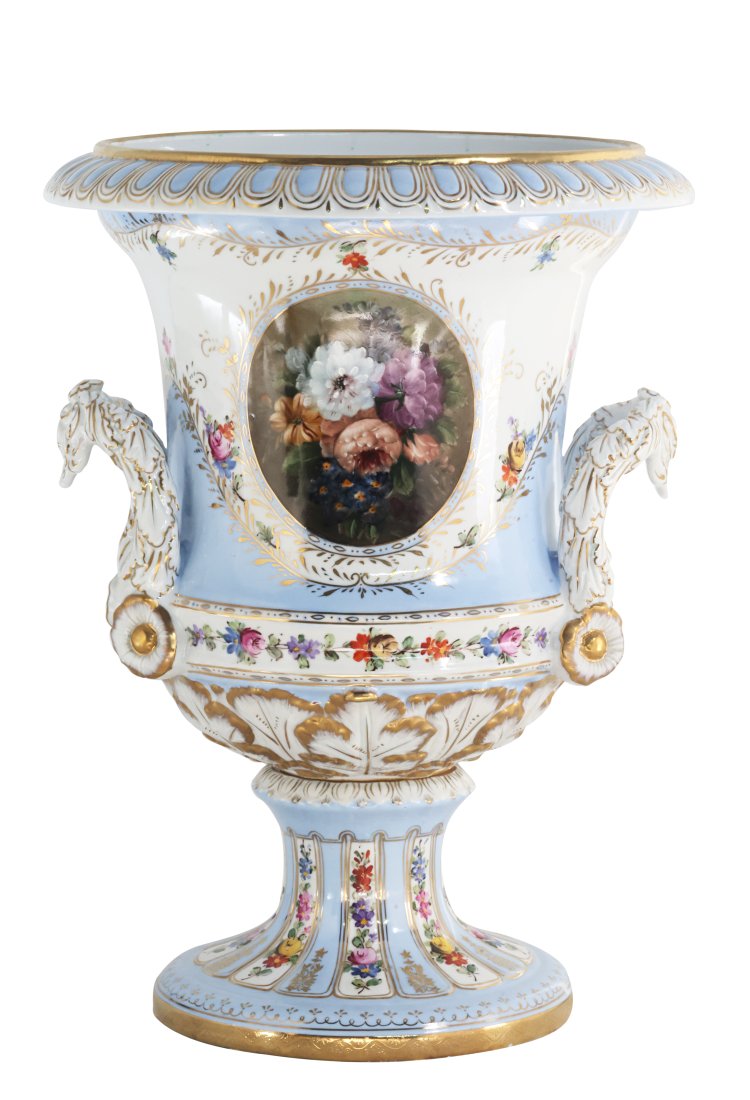 Floral Porcelain Krater Pot: Up for auction is a beautiful porcelain krater shaped pot. The potâ€™s body sits on top of an ornate circular base. This piece is highlighted by the incredibly detailed handles. The baby blue col