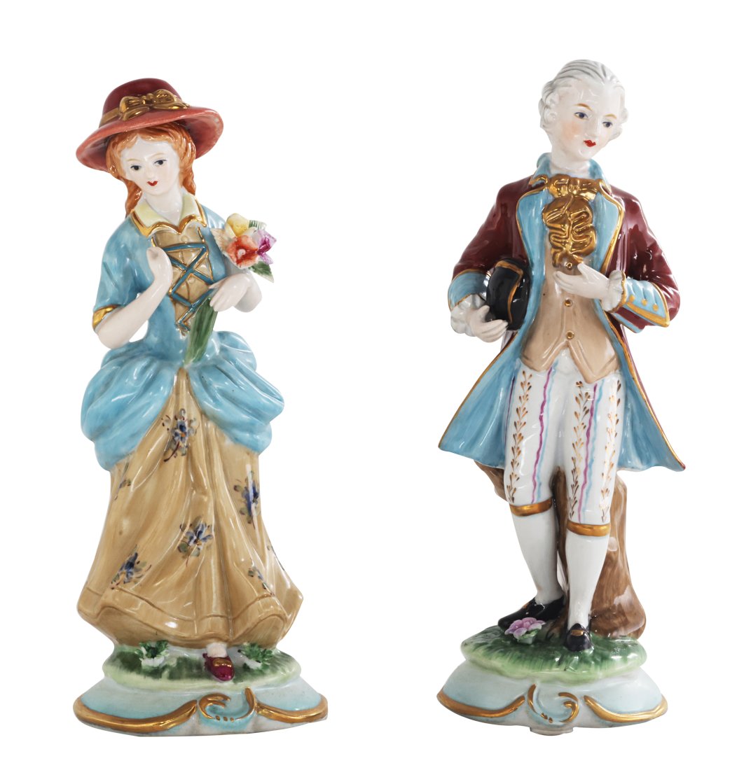 Pair of Society Porcelain Figurines: Up for auction is a pair of hand painted porcelain figures. Created in a classic Rococo style, each figure is brand new and stands 9.5 inches in height.