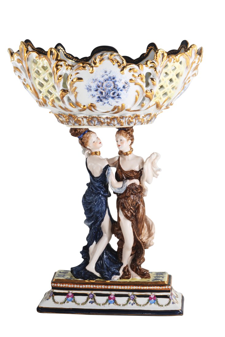 Porcelain Serving Bowl: Up for auction is a beautiful porcelain serving bowl. The bowl sits on a Rococo style pair of porcelain figures and is completely hand painted. The dark blue and white color of the jar is striking and