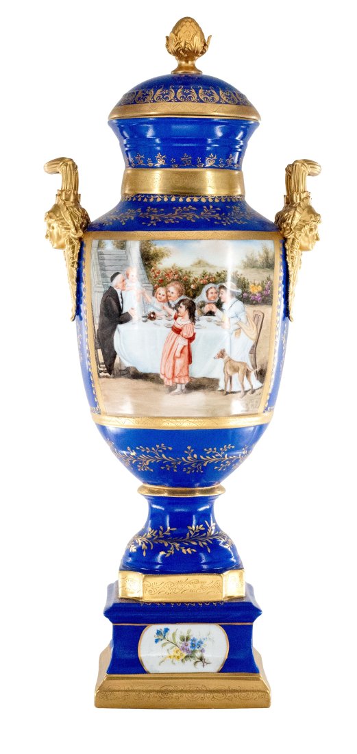 Gorgeous Hand Painted Porcelain And Bronze Vase: Up for auction is an exceptional porcelain vase. The vaseâ€™s body sits on top of a flared stem, and a square base. This piece is highlighted by the incredibly detailed bronze handles exemplifyin