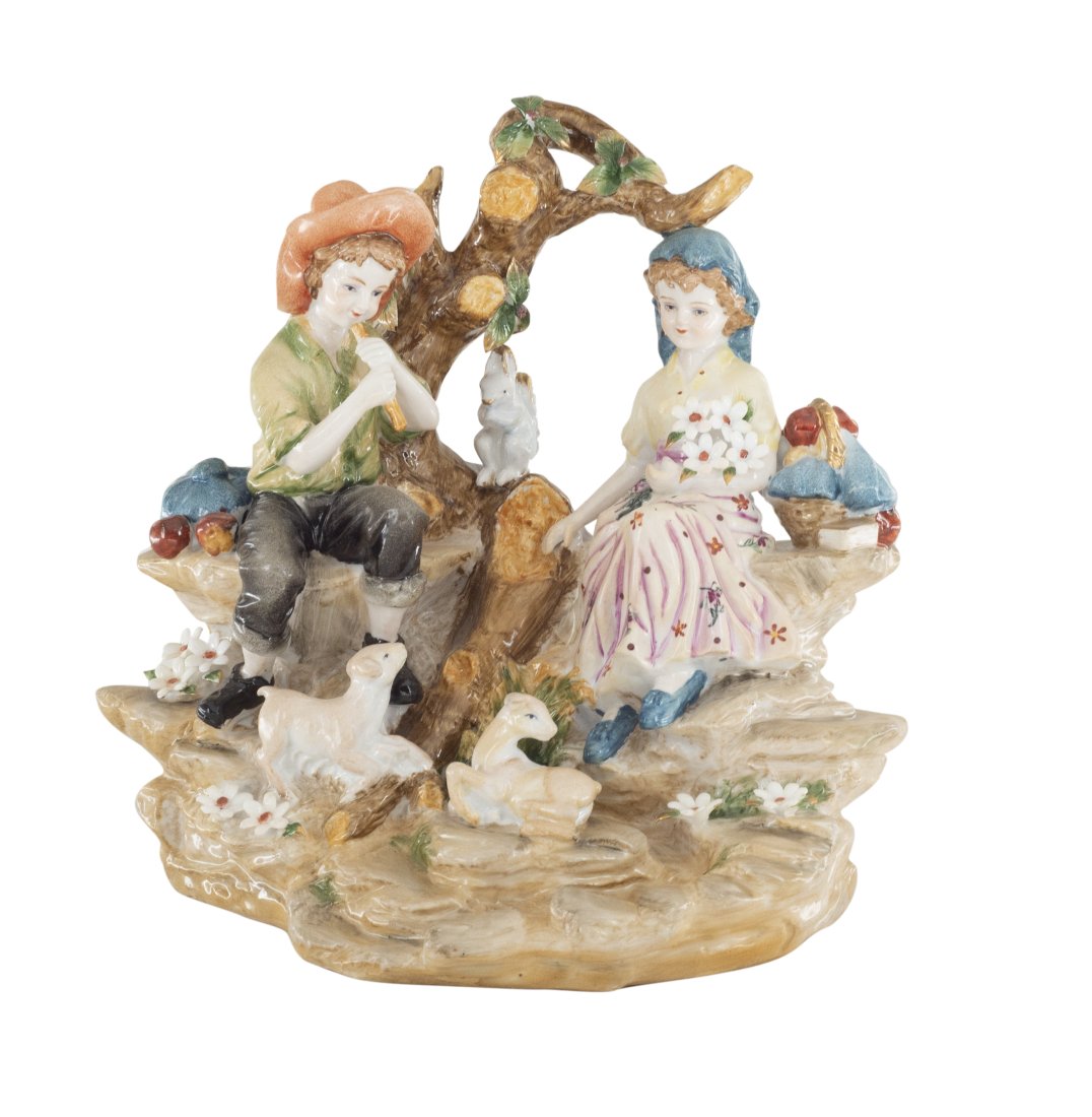 Shepherd Porcelain Figurine: Up for auction is a hand painted porcelain figurine depicting a shepherd and woman in nature. Created in a classic Rococo style, this figurine is brand new and stands 10 inches in height.