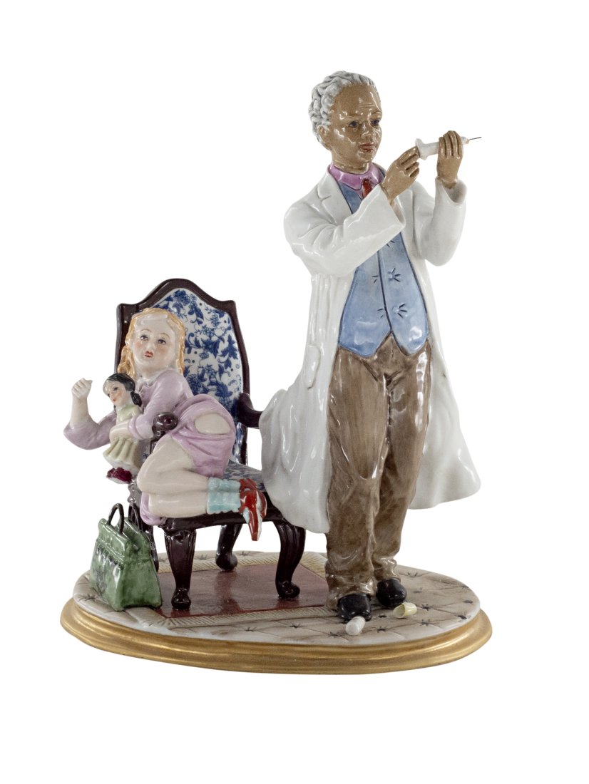 At The Doctor Porcelain Figurine: Up for auction is a hand painted porcelain figure depicting a girl going to the doctor. Created in a classic Rococo style, this figurine is brand new and stands 10 inches in height.