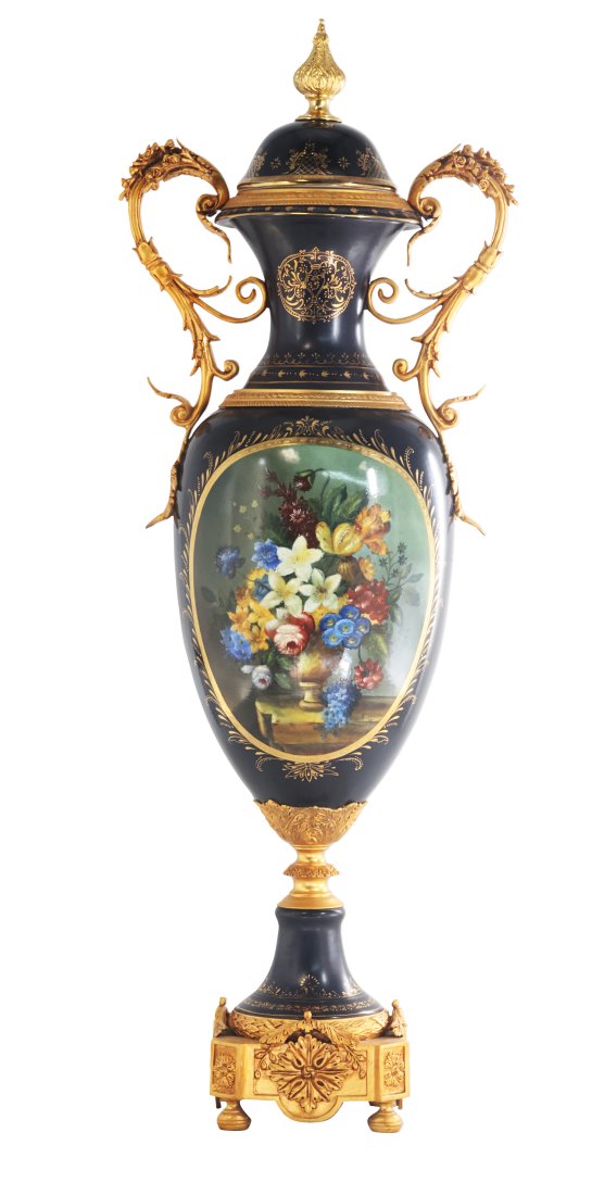 Gorgeous Floral Porcelain And Bronze Vase: Up for auction is a beautiful porcelain vase. The vaseâ€™s body sits on top of a flared stem, and a bronze square base. This piece is highlighted by the incredibly detailed vine handles. The dark